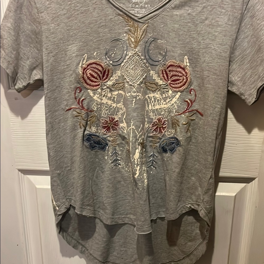 Gray Asymmetrical Embellished Short Sleeve Tee. Handmade